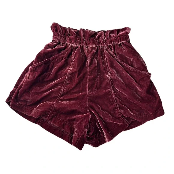 Free People At First Sight Velvet Paperbag Shorts High Rise Red Wine Burgundy XS - Picture 2 of 12